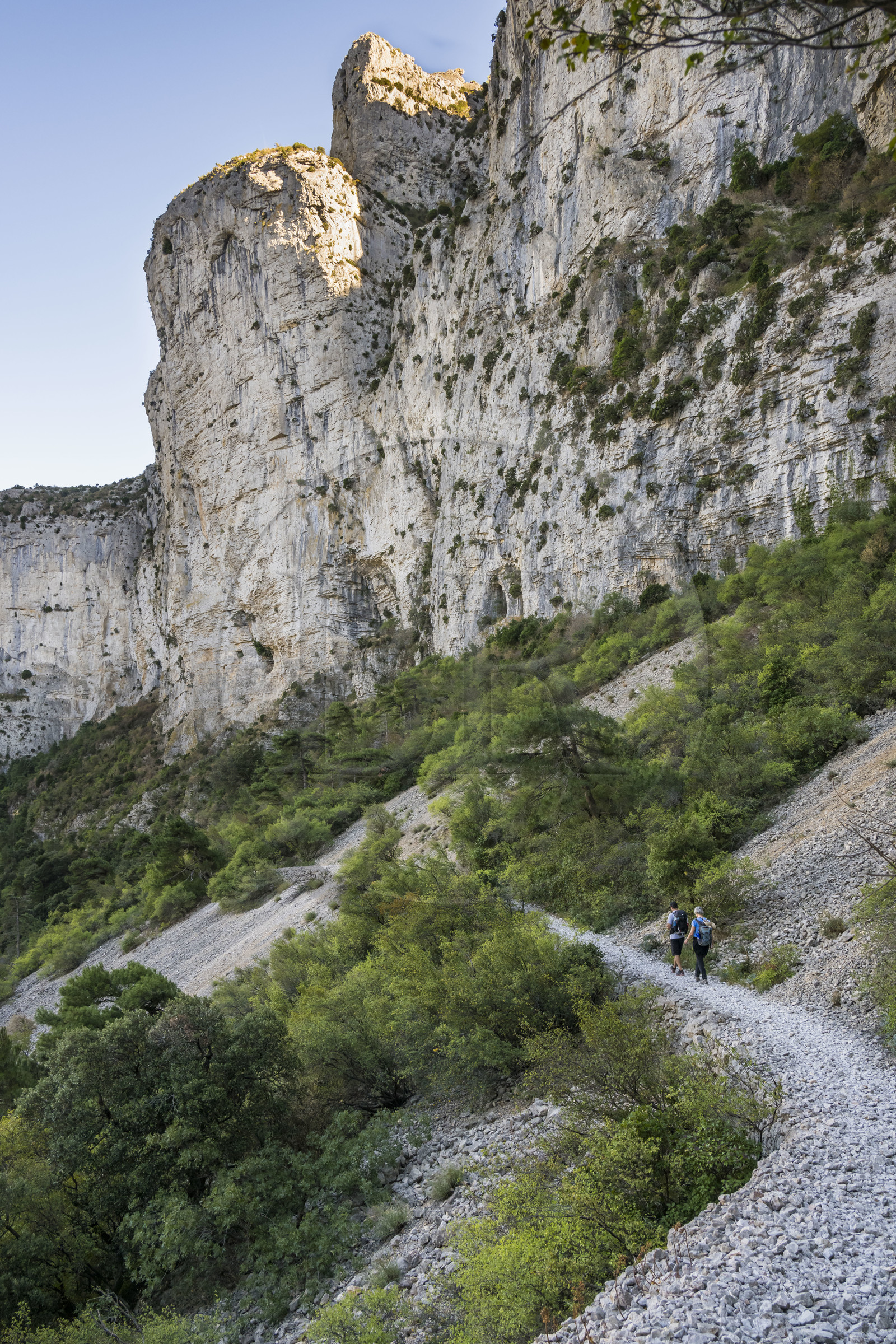 France, Herault, the Causses and the Cevennes, Mediterranean agro pastoral cultural landscape, listed as World Heritage by UNESCO, Saint Guilhem le Desert, labelled Les Plus Beaux Villages de France (The Most Beautiful Villages of France), hikers on the Via Tolosana on the way to Santiago de Compostela under the cliffs from the Cirque de l'Infernet