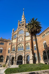 Spain, Catalonia, Barcelona, El Guinardo district, former Hospital de la Santa Creu i de Sant Pau listed as UNESCO World Heritage, modernist style by architect Domenech i Montaner, today a museum and a cultural center, administration building