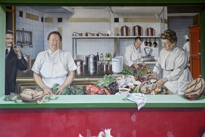 France, Rhone, Collonges au Mont d'Or, L'Auberge du Pont de Collonges Paul Bocuse Restaurant, painted wall portraying famous French chef cook Eugenie Brazier called the mere Brazier