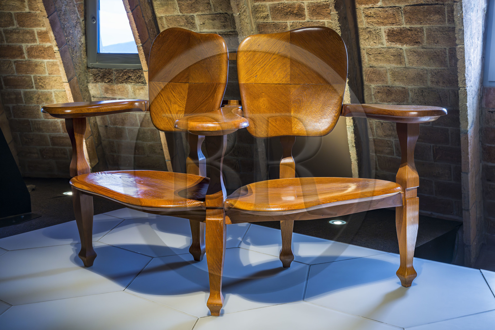 Spain, Catalonia, Barcelona, Eixample district, Passeig de Gracia, Pedrera or Casa Mila (1905-1910) by the Catalan modernist architect Antoni Gaudi, UNESCO World Heritage site, small sofa Confident (1907) from Casa Batllo