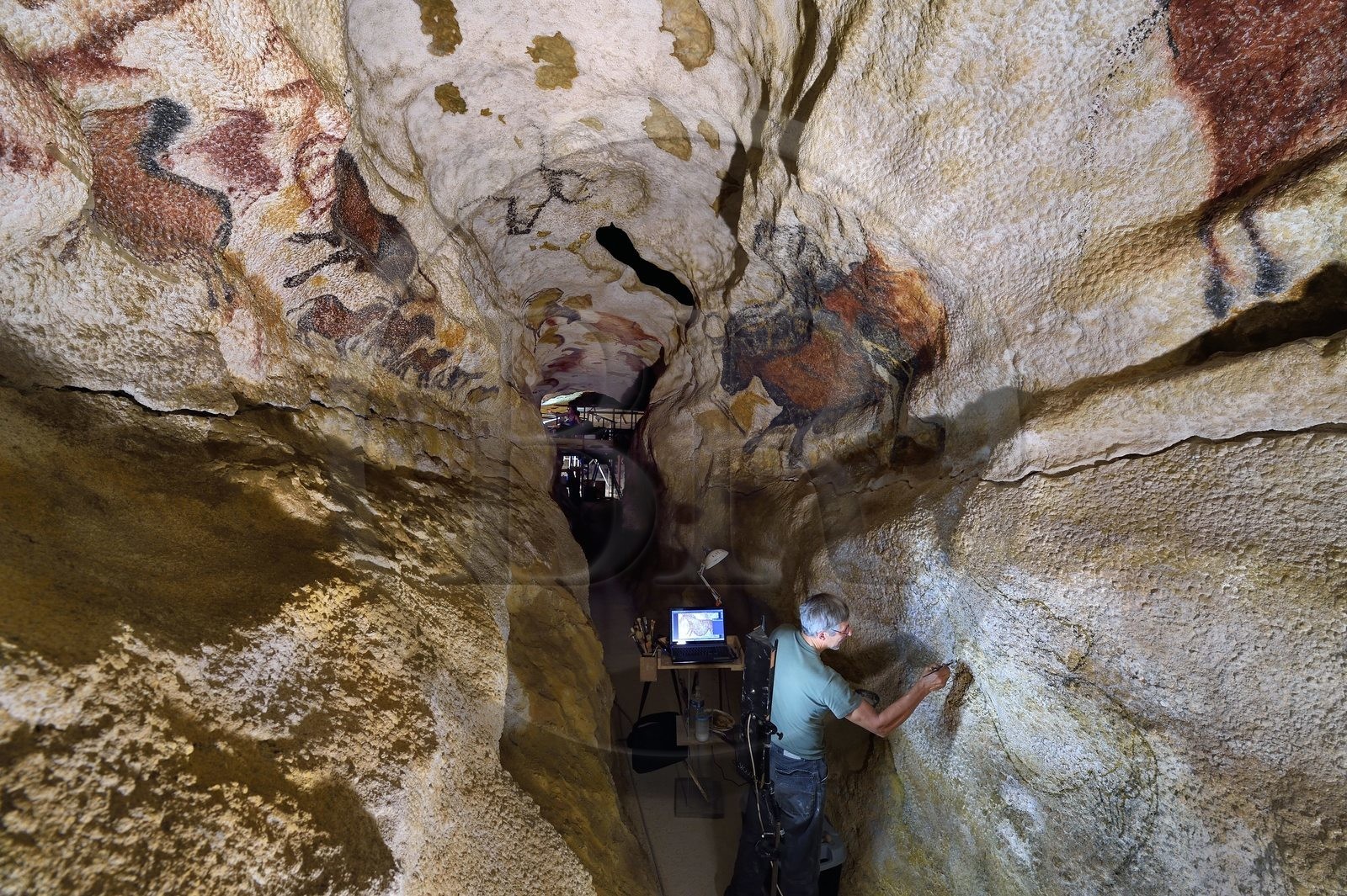France, Dordogne (24), Montignac, chantier du futur Centre International de l'Art pariétal de Montignac-Lascaux (Lascaux 4), le diverticule axial de la grotte reconstituée par l’Atelier des Fac-Similés du Périgord (AFSP), finitions des peintures murales de la partie inférieure par l'artiste peintre Gilles Lafleur
