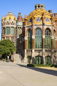 Spain, Catalonia, Barcelona, El Guinardo district, former Hospital de la Santa Creu i de Sant Pau listed as UNESCO World Heritage, modernist style by architect Domenech i Montaner, today a museum and a cultural center, It was composed of pavilions connected by underground passages