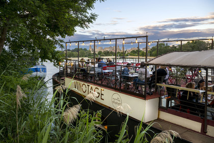 France, Vaucluse, Avignon, le Vinotage, a wine bar installed on a barge  on the Rhone river facing the Palais des Papes, listed as World heritage by UNESCO