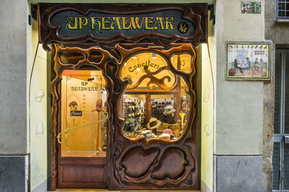 Spain, Catalonia, Barcelona, Barrio Gotico district, hat shop with a neo-modernist storefront on Carrer de Petritxol