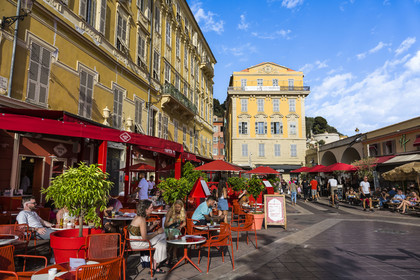 France, Alpes-Maritimes, Nice, listed as World Heritage by UNESCO, Old Nice, the Cours Saleya and the Cais de Pierlas palace in the background