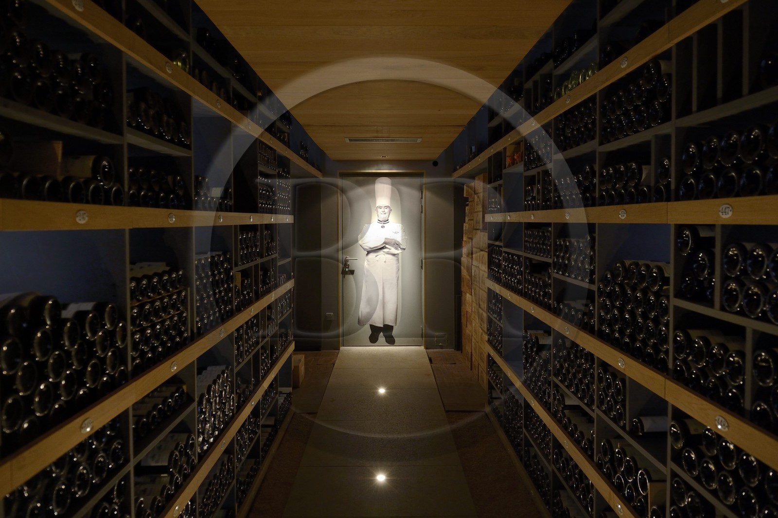 France, Rhone, Collonges au Mont d'Or, Paul Bocuse Restaurant L'Auberge du Pont de Collonges, three Michelin stars since 1965, the wine cellar