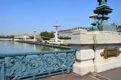 France, Rhone, Lyon, Quai Claude Bernard on Rhone river, the swimming pool view from the University bridge