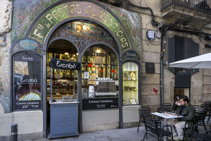 Spain, Catalonia, Barcelona, Las Ramblas, chocolatier-pastry chef Escriba, Antiga Casa Figueras, Art Nouveau facade by the modernist architect from Ros i Güell