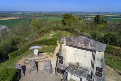 France, Meuse, Lorraine Regional Park, Cotes de Meuse, Les Eparges, traces of fighting of one of the bloodiest battles of the First World War, shell holes and point X Monument in memory of  Those who have no grave (aerial view)