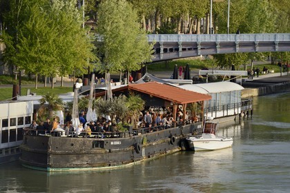 France, Rhone, Lyon, Rhone river banks, barge Cafe moored at quai General Sarrail