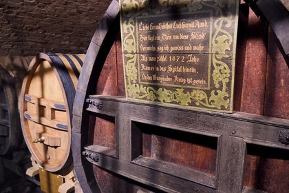 France, Bas Rhin, Strasbourg, old town listed as World Heritage by UNESCO, the Civil Hospital, Historical cellar of the Hospices de Strasbourg, barrel of wine from 1472, the oldest white wine in the world still kept in barrel was transferred in the barrel on the left