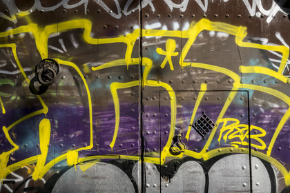 Spain, Catalonia, Barcelona, Barrio Gotico district, graffiti on the door of a private mansion in Placa de Sant Josep Oriol