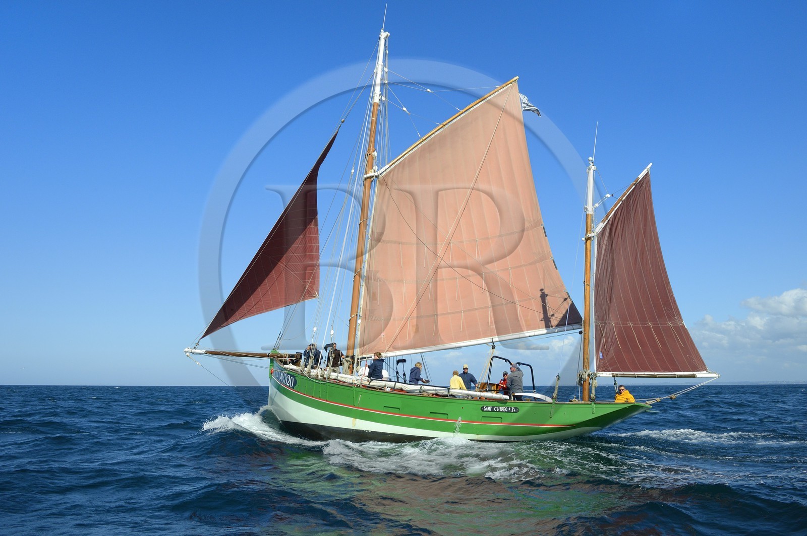 France, Cotes-d'Armor, Perros-Guirec, Sept-Iles Archipelago and bird sanctuary, Rouzic island, the traditional sailboat Sant C'hireg (Saint Guirec)
