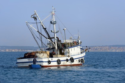 Croatie, Dalmatie, côte dalmate, Ile d’Ugljan, Preko, retour de pêche au thon, Zadar en arrière plan