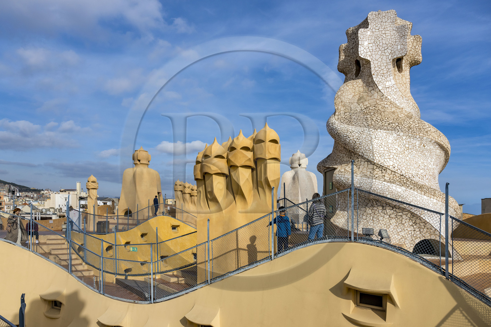 Spain, Catalonia, Barcelona, Eixample district, Passeig de Gracia, Pedrera or Casa Mila (1905-1910) by the Catalan modernist architect Antoni Gaudi, UNESCO World Heritage site, chimneys and ventilation towers on the roof terrace of the building