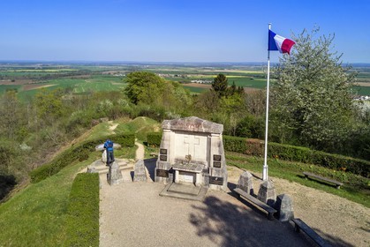 France, Meuse, Lorraine Regional Park, Cotes de Meuse, Les Eparges, traces of fighting of one of the bloodiest battles of the First World War, shell holes and point X Monument in memory of  Those who have no grave (aerial view)