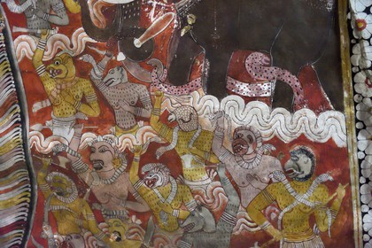 Sri Lanka, Central Province, Matale District, Dambulla, Royal Rock Temple also called Ran Giri (Golden Rock) listed as World Heritage by UNESCO, Cave 2 Maharaja Viharaya, detail of the frescos on the cave walls