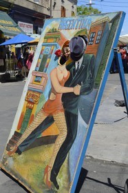 Argentina, Buenos Aires, La Boca district, sign for tango souvenir picture in Dr. del Valle Iberlucea street