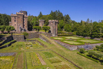 France, Puy de Dome, Pontgibaud, the 12th century fortress Chateau-Dauphin (aerial view)