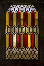 Spain, Catalonia, Barcelona, the Güell Palace (Palau Güell) built between 1886 and 1891 by the Catalan modernist architect Antoni Gaudi, a UNESCO World Heritage site, stained glass window at the top of the main staircase highlighting the Catalan flag