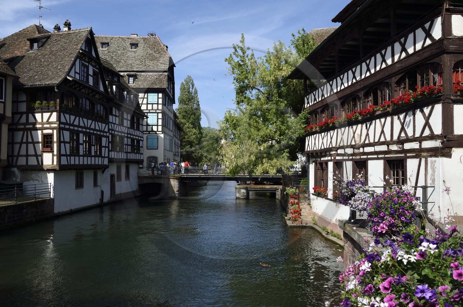 France, Bas Rhin, Strasbourg, old town listed as World Heritage by UNESCO, Petite France District, the Pont du Faisan on the Ill river and the Maison des Tanneurs from 1572 (restaurant) on the right