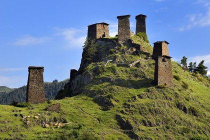 Georgia, Kakheti, Tusheti National Park, Omalo, the fortress of Keselo in Zemo (upper) Omalo served as a refuge for locals in wartime, medieval fortified towers