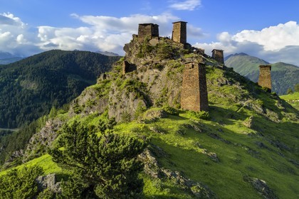 Georgia, Kakheti, Tusheti region, Omalo, the fortress of Keselo in Zemo (upper) Omalo served as a refuge for locals in wartime, medieval fortified towers (aerial view)