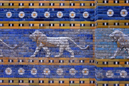 Allemagne, Berlin, l'Ile aux musées, classée Patrimoine Mondial de l'UNESCO, musée de Pergame (Pergamonmuseum), Porte d'Ishtar construite en -580 av. JC (empire néobabylonien) sur ordre du roi Nabuchodonosor II à Babylone (Irak), frise antique en céramique avec des lions
