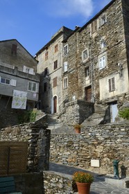 France, Haute Corse, Casinca region in Castagniccia, perched village of Vescovato, schist houses, the Casa Filippini from the thirteenth century right