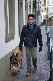 France, Bas-Rhin (67), Strasbourg, chien portant les courses de son maitre