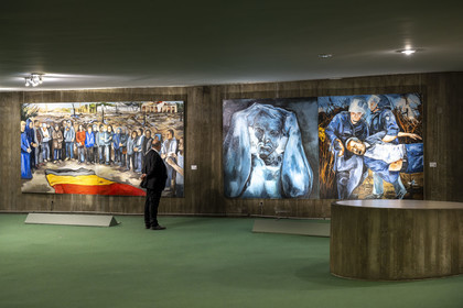 France, Paris, Place du Colonel Fabien, the Parti Communiste (French Communist Party) building by architect Oscar Niemeyer, opening of the Odyssey exhibition by artist Fred Kleinberg at Espace Niemeyer