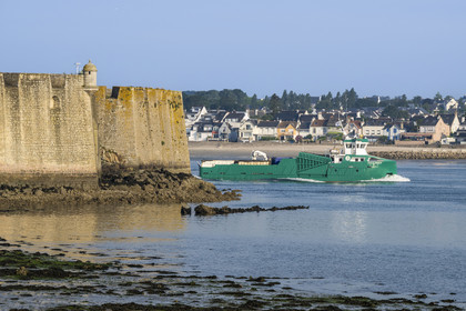 France, Morbihan, Port-Louis, Port Louis Citadel modified by Vauban, at Lorient harbour entrance, the Goulphar is a coastal maritime transport coaster intended to supply the islands