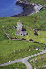 United Kingdom, Scotland, Outer Hebrides, Lewis and Harris Island, South Harris, Rodel, medieval church and small harbor (aerial view)