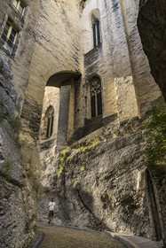 France, Vaucluse (84), Avignon, la rue de la Peyrolerie, passage creusé dans le roc au pied du Palais des Papes classé Patrimoine mondial de l'UNESCO