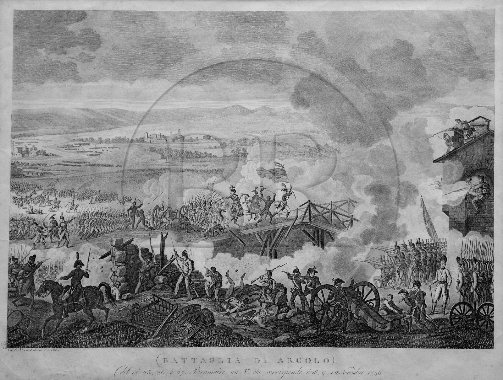 Italie, Lombardie, Milan, musée du Risorgimento (Museo del Risorgimento), gravure représentant la bataille du Pont d'Arcole qui a vu la victoire de Napoléon Bonaparte s'est déroulée du 15 au 17 novembre 1796 lors de la première campagne d’Italie