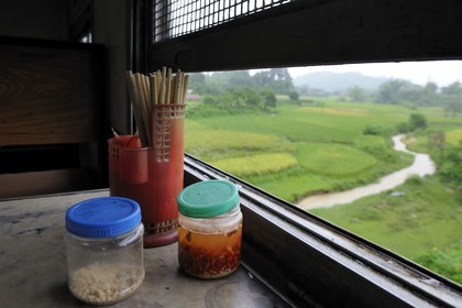 Vietnam, train de jour de Lao Cai à Hanoï, le wagon restaurant et paysage du nord