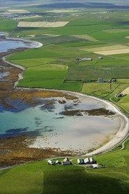 United Kingdom, Scotland, Orkney Islands, Mainland Island, farm by the Bay of Comquoy on the south coast (aerial view)