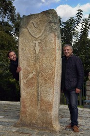 France, Corse du Sud, prehistoric site of Filitosa, menhir statue called Filitosa V representing armed characters, the 2 Daniel son and grand-son of the finder Charles-Antoine Cesari