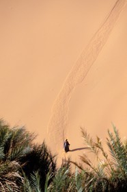 Libye, région du désert, Le Fezzan (Sahara), Touareg descendant une dune de l'Erg de Takioumet