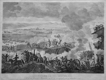 Italie, Lombardie, Milan, musée du Risorgimento (Museo del Risorgimento), gravure représentant la bataille du Pont d'Arcole qui a vu la victoire de Napoléon Bonaparte s'est déroulée du 15 au 17 novembre 1796 lors de la première campagne d’Italie