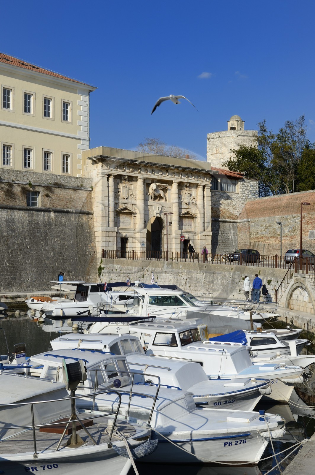 Croatie, Dalmatie, côte dalmate, Zadar, le port de Fosa et la Porte de Terre-Ferme surmontée du lion ailé vénitien en arrière plan