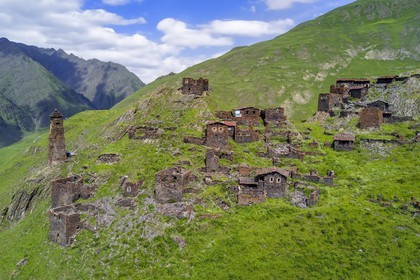 Georgia, Kakheti, Tusheti National Park, Alazani River Valley in the mountains of Pirikiti, hilltop village of Kvavlo over Dartlo (aerial view).
