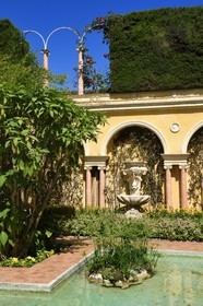 France, Alpes Maritimes, Saint Jean Cap Ferrat, Ephrussi de Rothschild villa and garden, large pond and water jets in the French garden