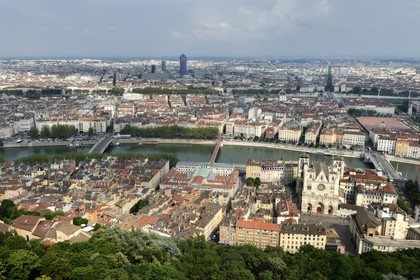 France, Rhone, Lyon, historical site listed as World Heritage by UNESCO, Vieux Lyon (Old Town), Saint Jean Cathedral (Saint John's Cathedral) and the district of La Presqu'Ile in the background
