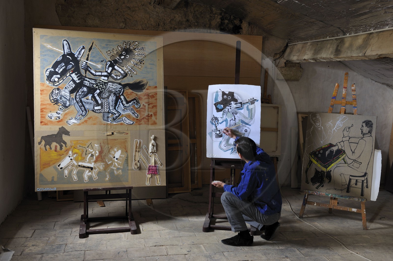 France, Herault, region of Sete, the artist painter Andre Cervera in his studio in Poussan