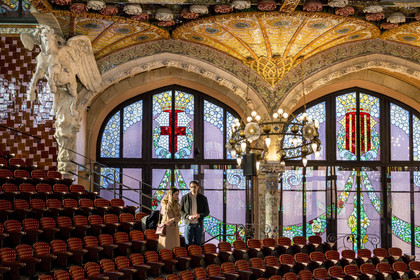 Spain, Catalonia, Barcelona, Palau de la Musica Catalana (Catalan Music Palace), concert hall designed by the architect of Catalan modernism Lluis Domènech i Montaner, a UNESCO World Heritage Site, Pegasus at the start of the second balcony
