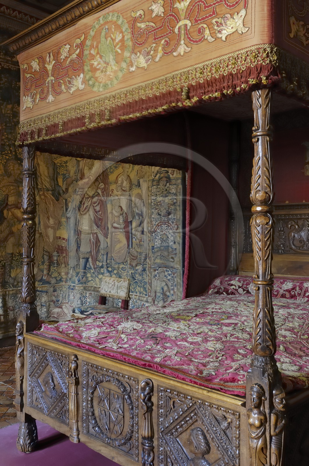 France, Indre-et-Loire (37), château de Chenonceau édifié de 1513 à 1521 de style Renaissance, chambre de Catherine de médicis