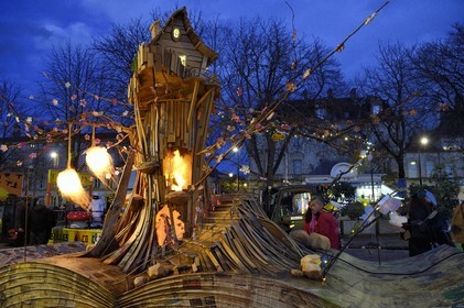 France, Meurthe-et-Moselle, Nancy, preparations for the parade of Saint-Nicolas place Carnot, parade float The House in the Tree of the commune of Dommartemont