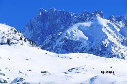 France, Haute-Savoie (74), vallée de Chamonix, un groupe de skieurs près de la Mer de glace dans la Vallée Blanche, Mont-Blanc