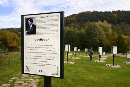 France, Meuse, Lorraine Regional Park, Cotes de Meuse, the Literary Garden of Saint-Remy-la-Calonne, 16 panels in 3 languages ​​(French, German and English) evoking through excerpts from their text the experiences and reflections of iconic writers fighters of the Great War